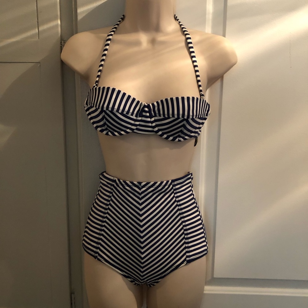 Athena Blue White Striped Bikini Set High Waist S
